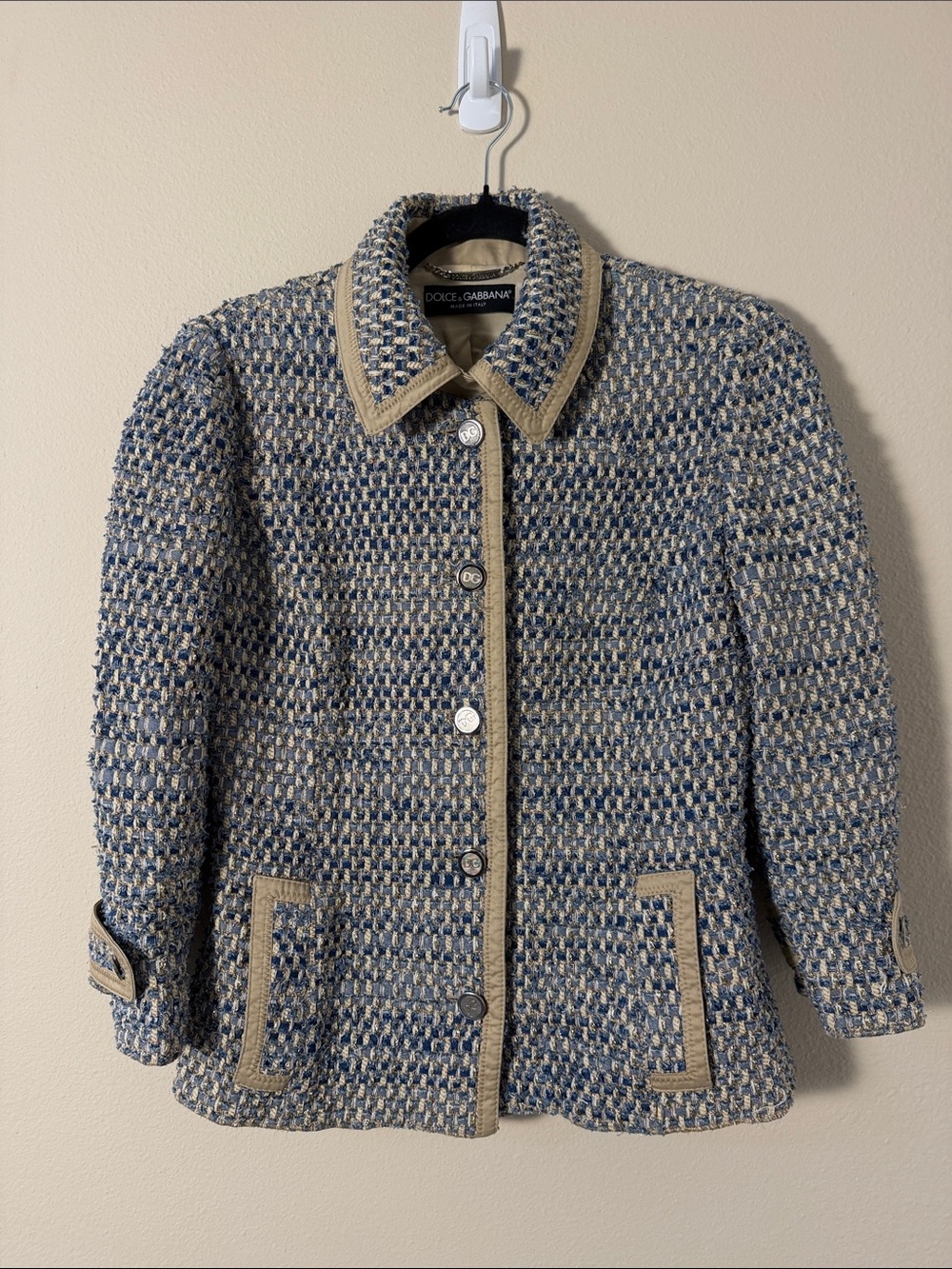 Dolce & Gabanna Blue & Gold Boucle Tweed Blazer Size IT 42 Made In Italy